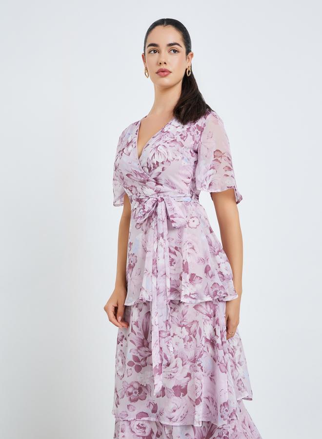 Women Pink Floral Print Wrap Tiered Maxi Dress